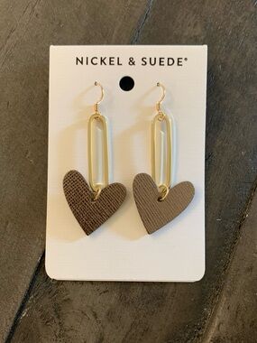 Nickel & Suede Taupe Heart Drop Earrings - bronze Accents